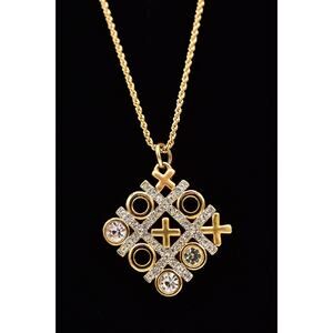 Vintage XO Pendant Necklace Rhinestone Crystal Tic Tac Toe Gold Shiny 80s BinBC